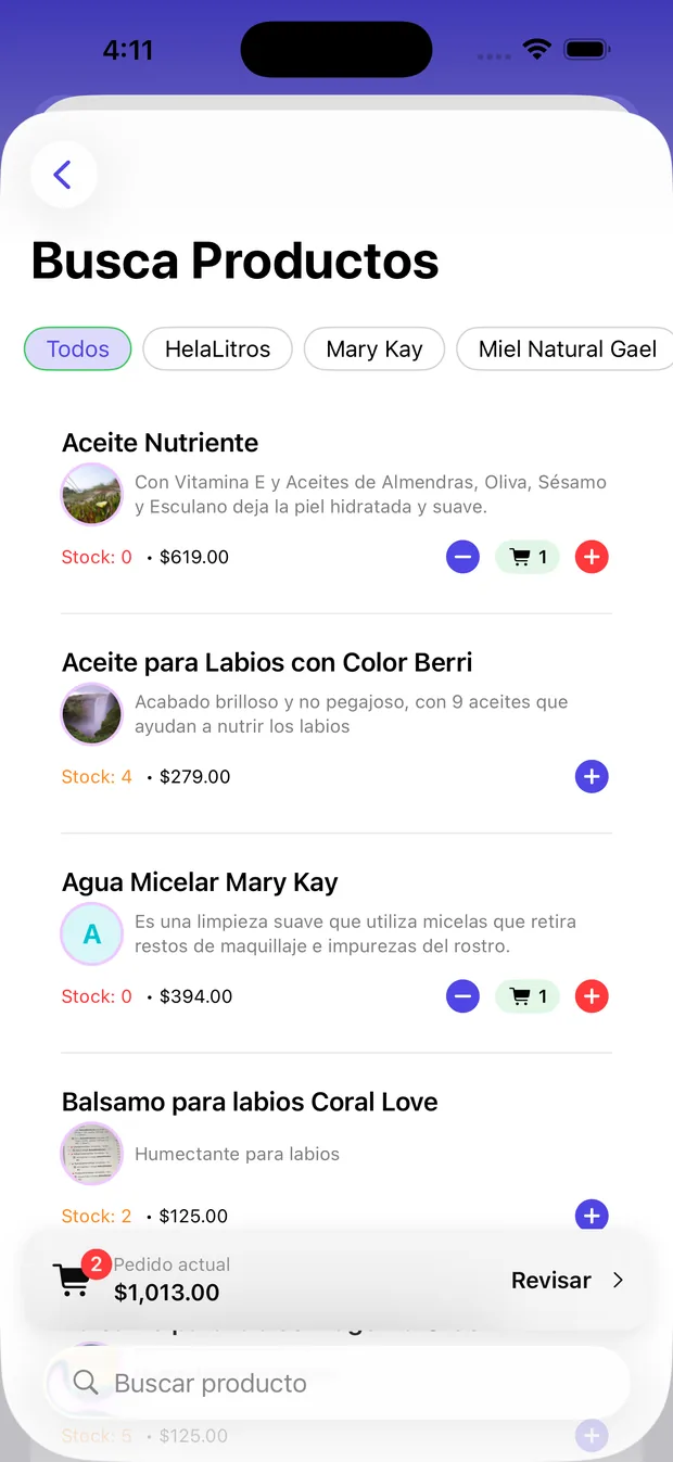 Buscador de productos de VendeMás con filtros por comercio, stock y precio de cada producto.