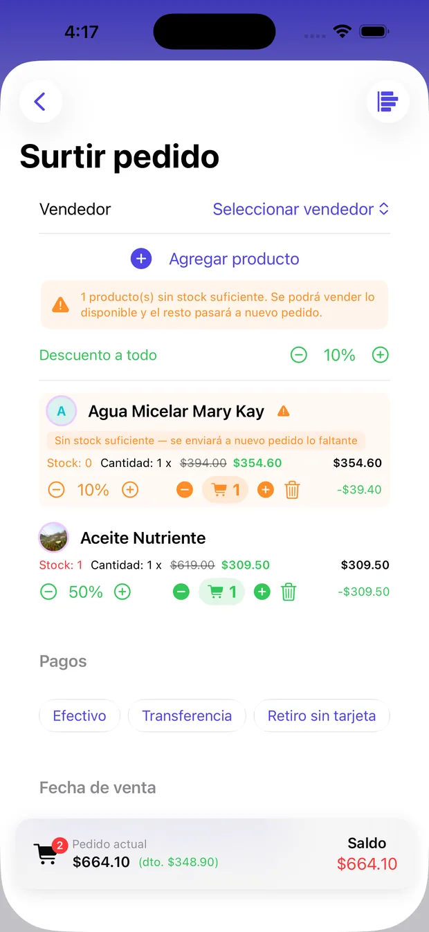 Pantalla de VendeMás mostrando un descuento global del 10% y uno individual del 50% en un producto.