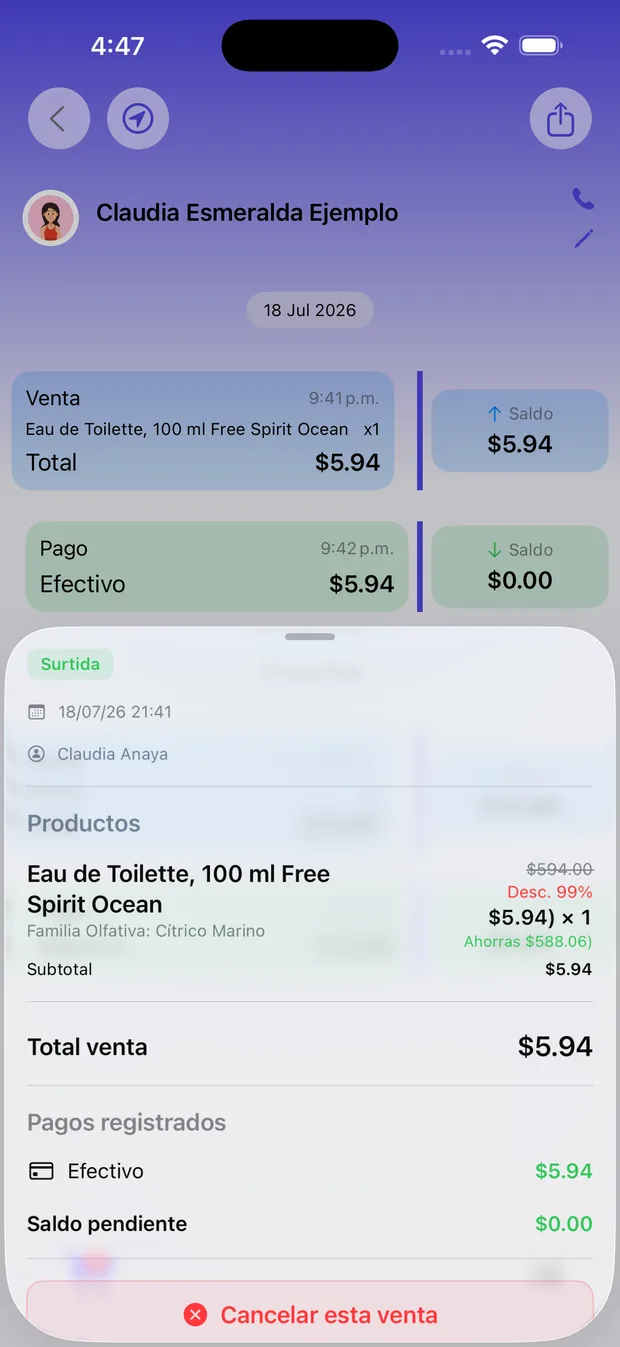 Detalle de una venta en VendeMás con productos, descuentos, pagos registrados, saldo pendiente y la opción de cancelar la venta.