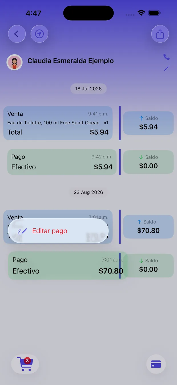 Menú contextual Editar pago sobre un movimiento del historial del cliente en VendeMás.