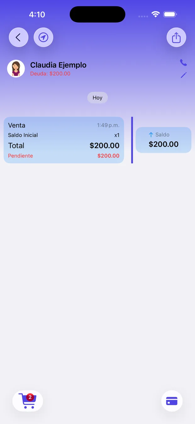 Historial de movimientos de un cliente en VendeMás, con el saldo inicial registrado y la deuda visible bajo el nombre.