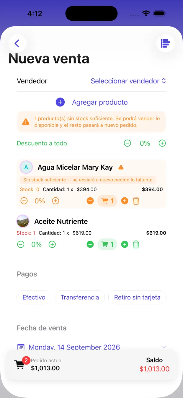 Aviso naranja en VendeMás: un producto sin stock suficiente se venderá lo disponible y el resto pasará a nuevo pedido.